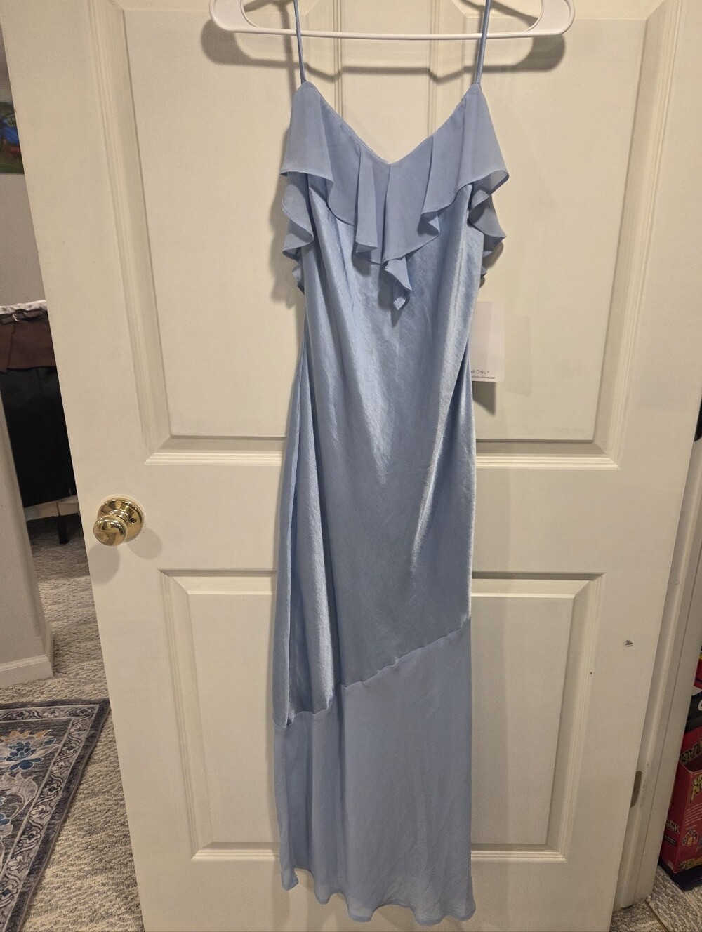 Light Blue Ruffle-Trim Maxi Slip Dress - Women's Elegant Evening Gown